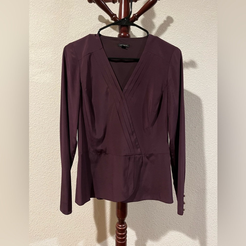 Ann Taylor Plum Wrap-Style Long Sleeve Blouse